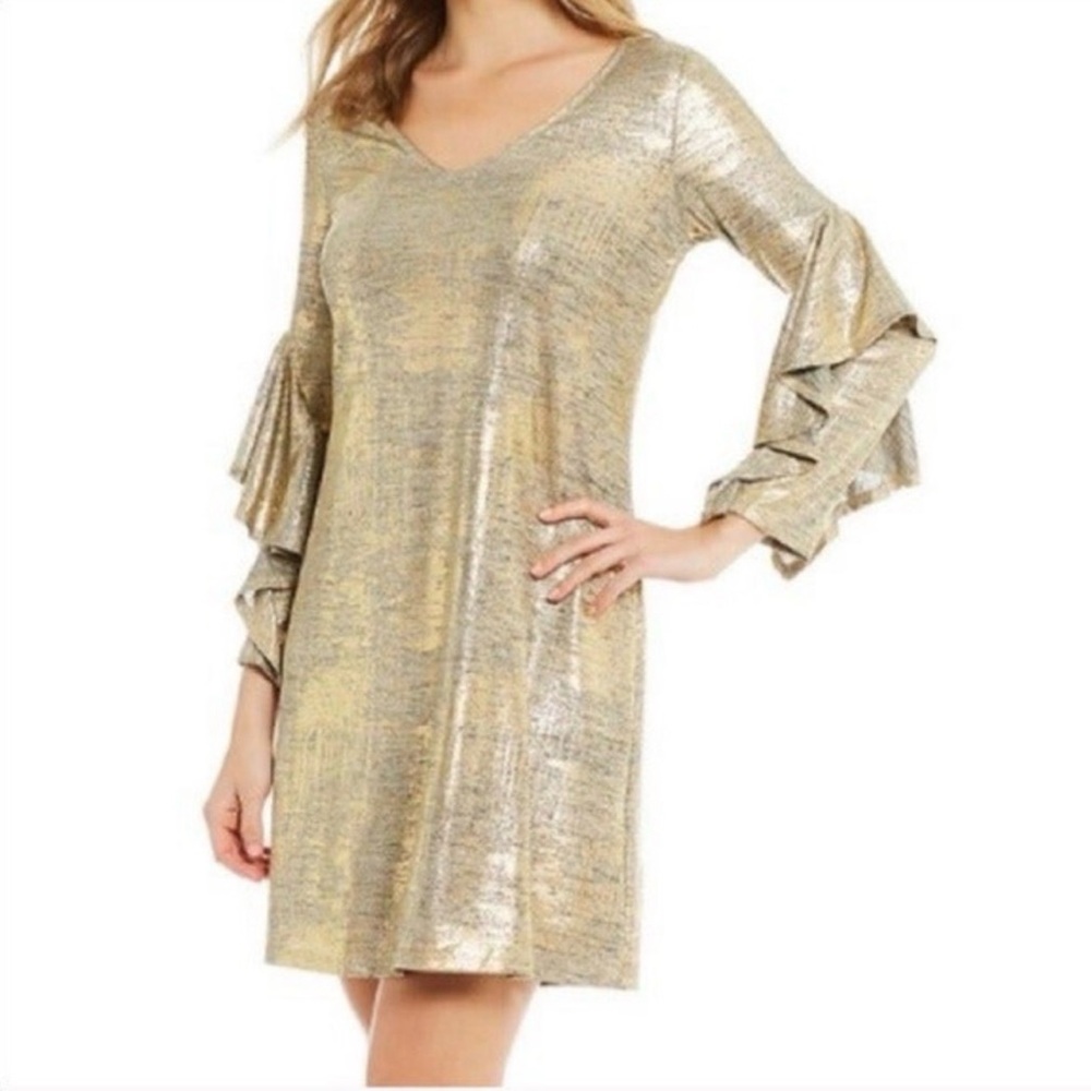 Gibson Latimer Large V Neck Gold Shimmer Flutter Sleeves Dress Boho Glam Disco